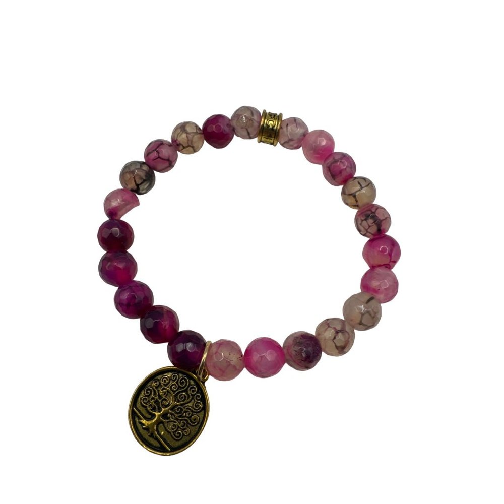 Pink Jasper Beaded Stone Stretch Bracelet with Tree of Life Charm